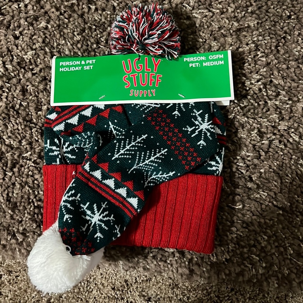 Ugly stuff pet scarf and person beenie.